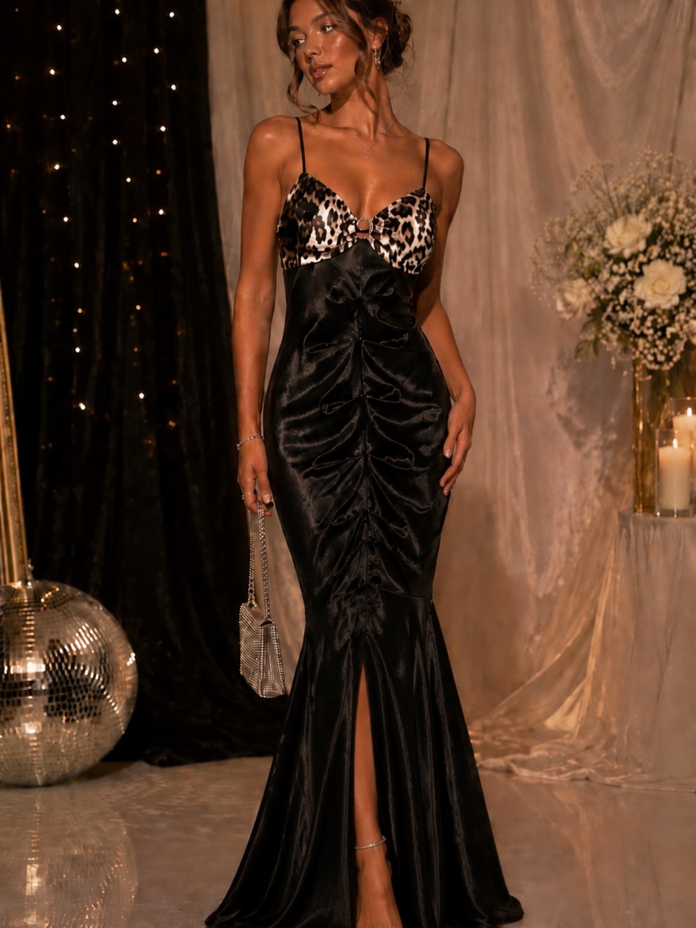Y2K Blondie Nites Black Satin Mermaid Prom Dress Leopard Print a bust